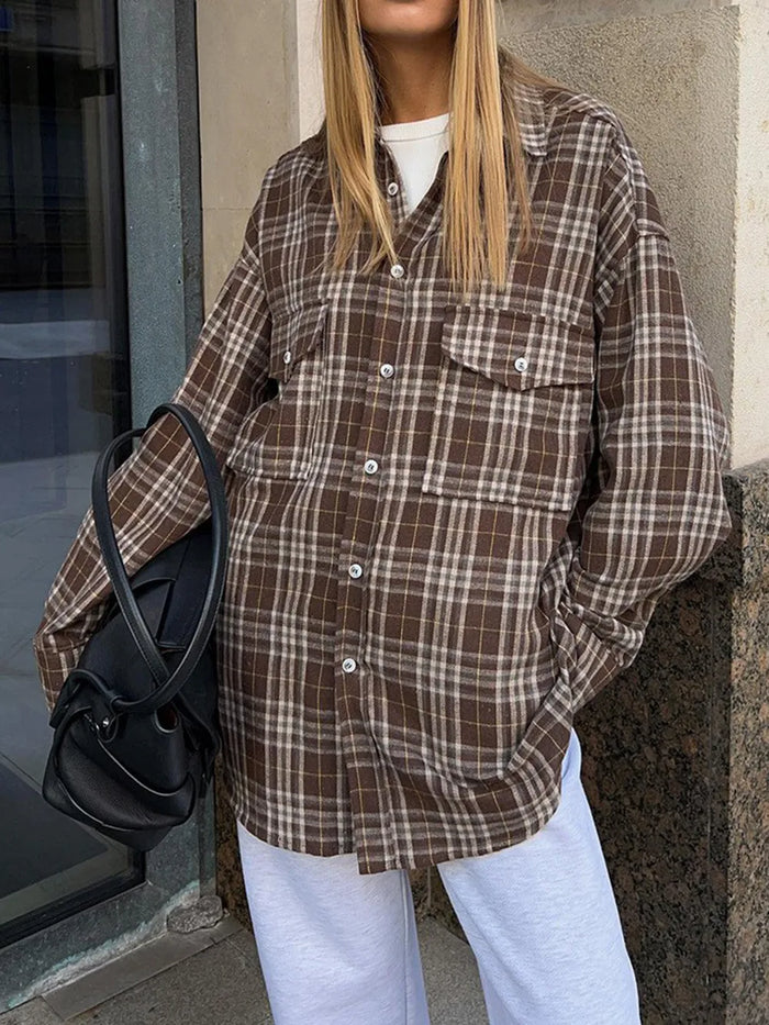 Pocketed Plaid Button Up Shacket in Brown