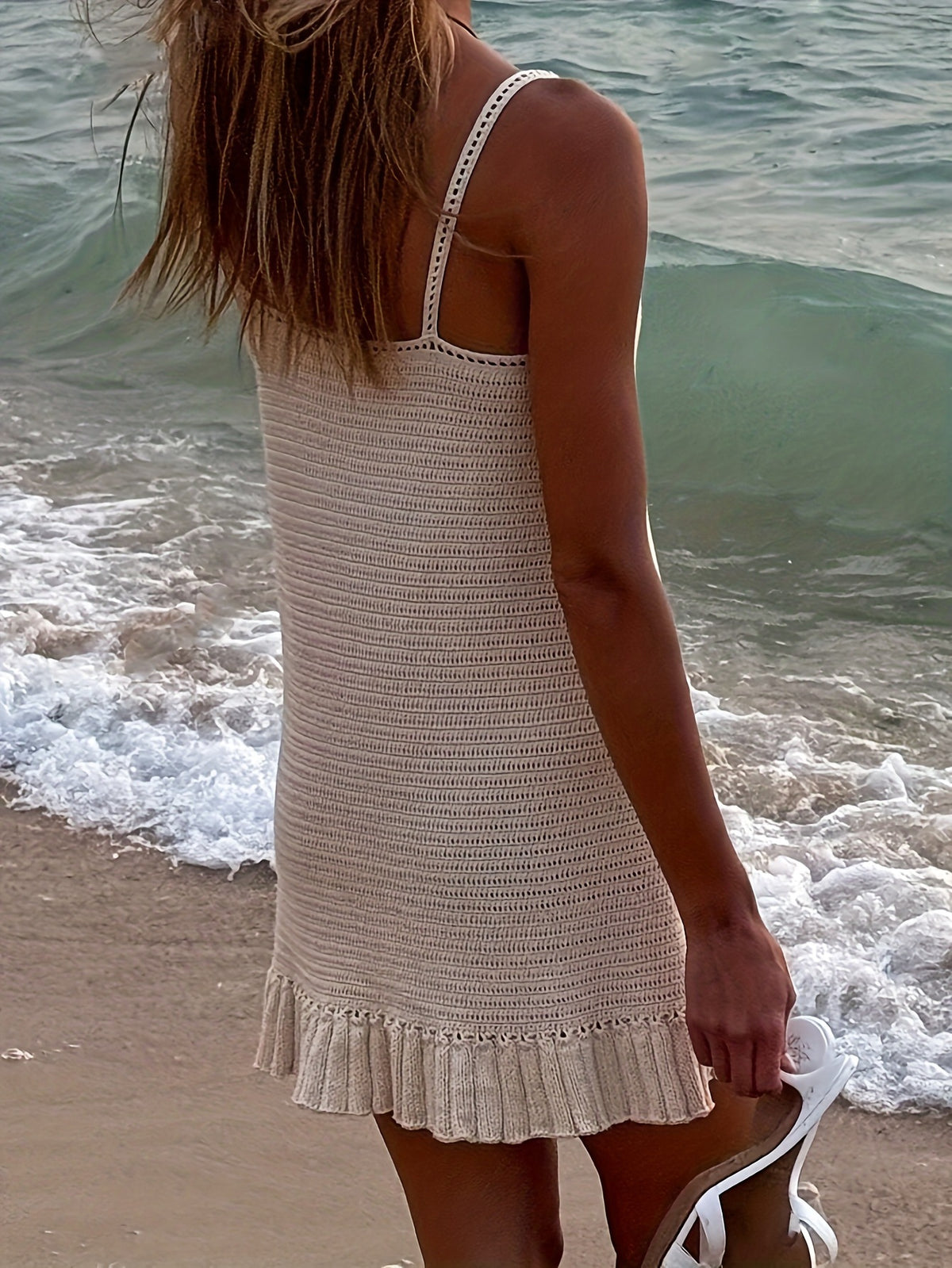 Sleeveless Crochet Mini Sweater Dress in Cream, view 5