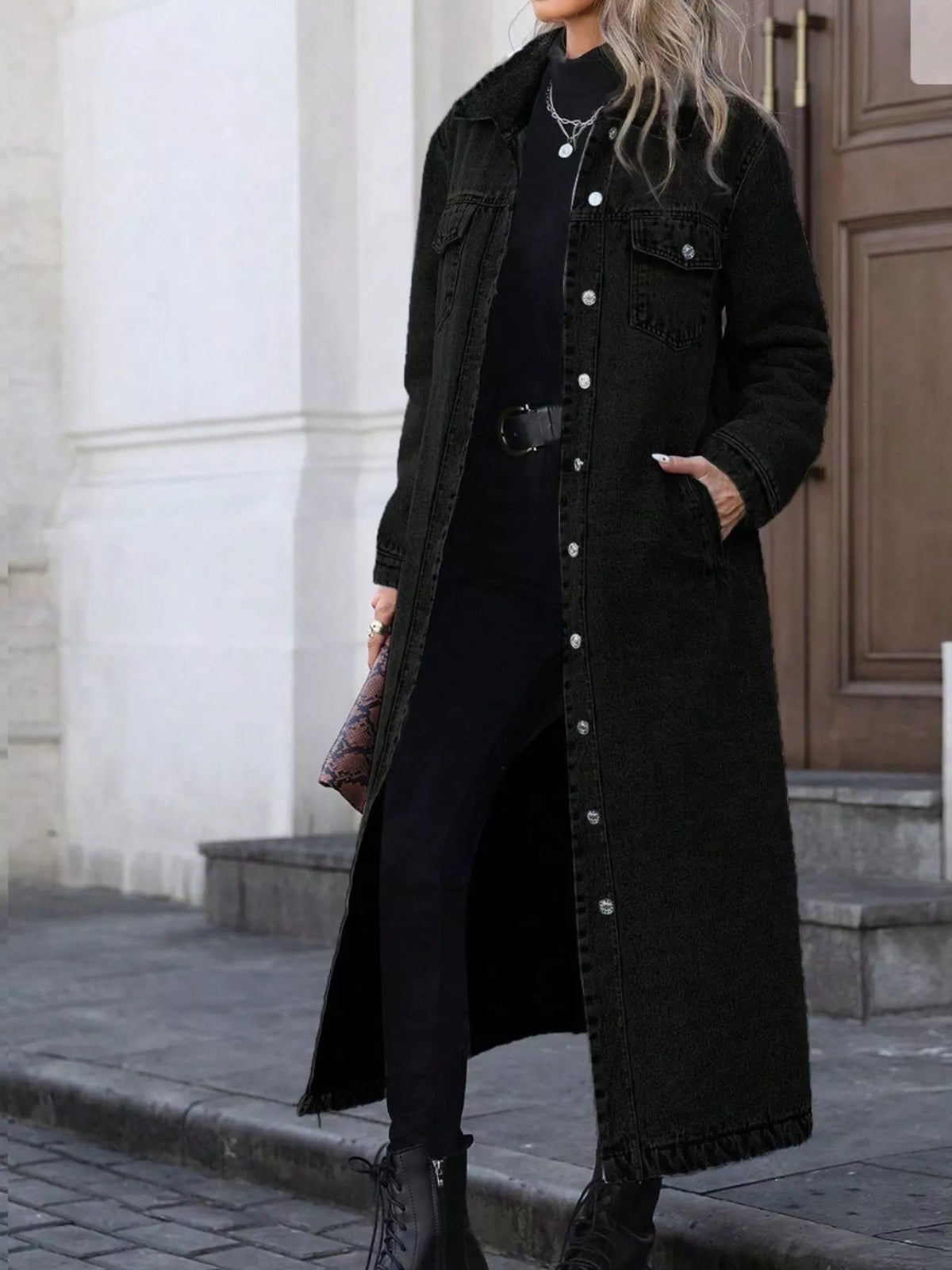 Longline Button-Front Denim Jacket, view 12