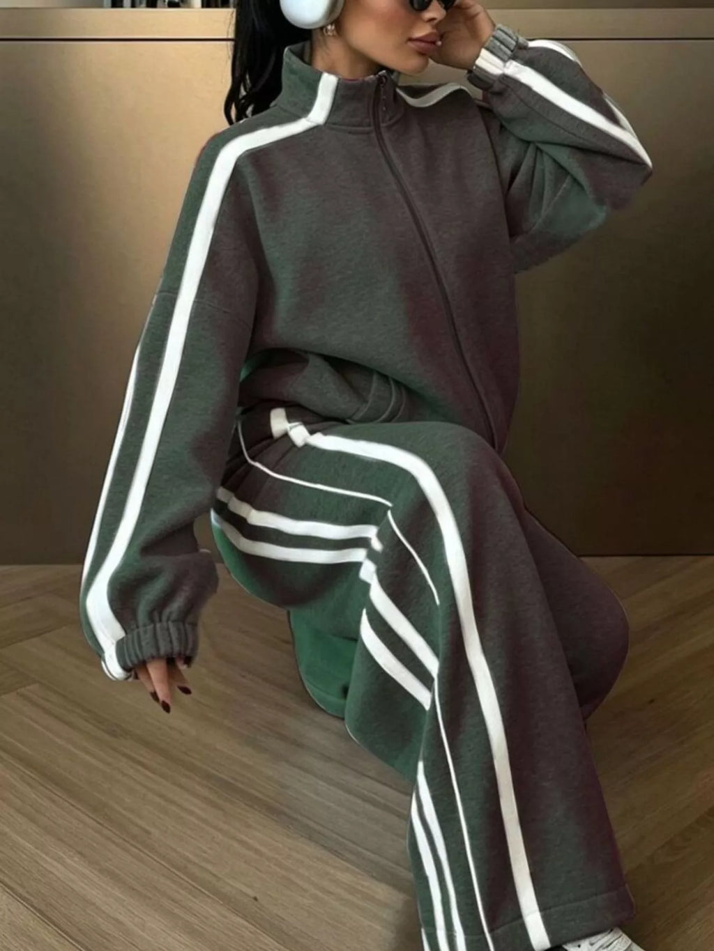 Side Stripes Zip Up Top and Pants Set - Lilixa.store