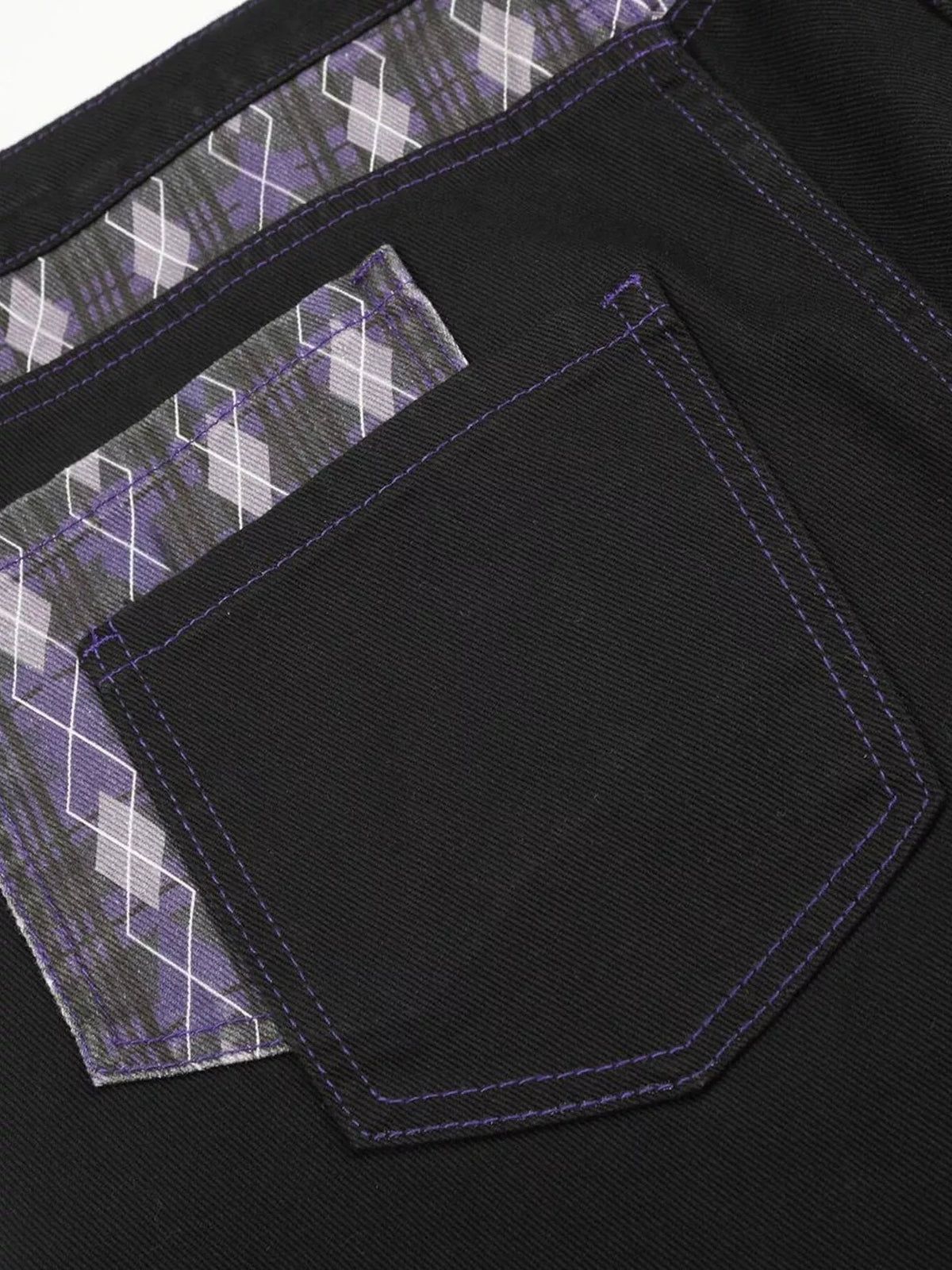 Men's High-Waisted Wide-Leg Jeans with Argyle Pattern Accents in Black, view 14