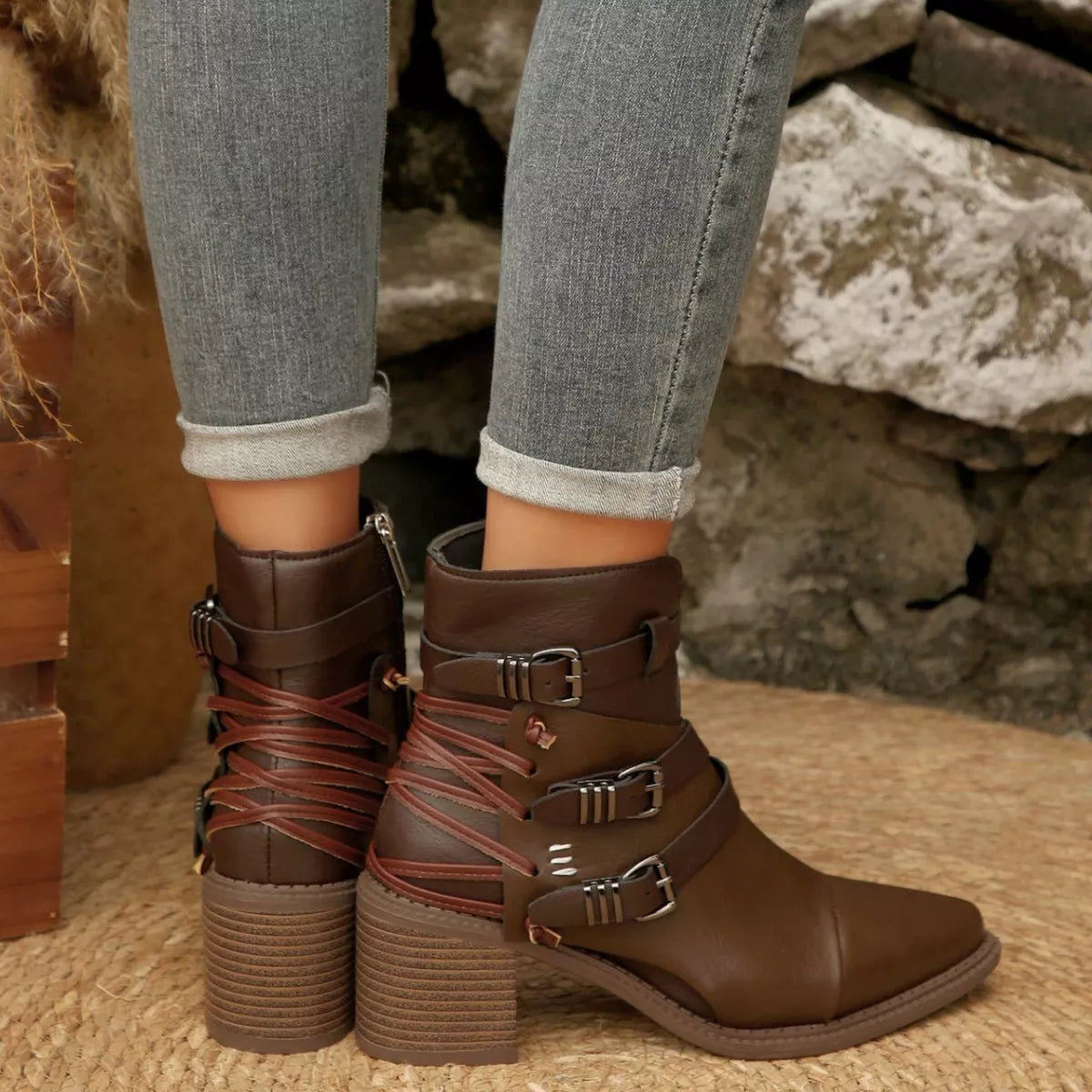 Point Toe Buckle Strap Ankle Boots with Block Heels - Lilixa.store