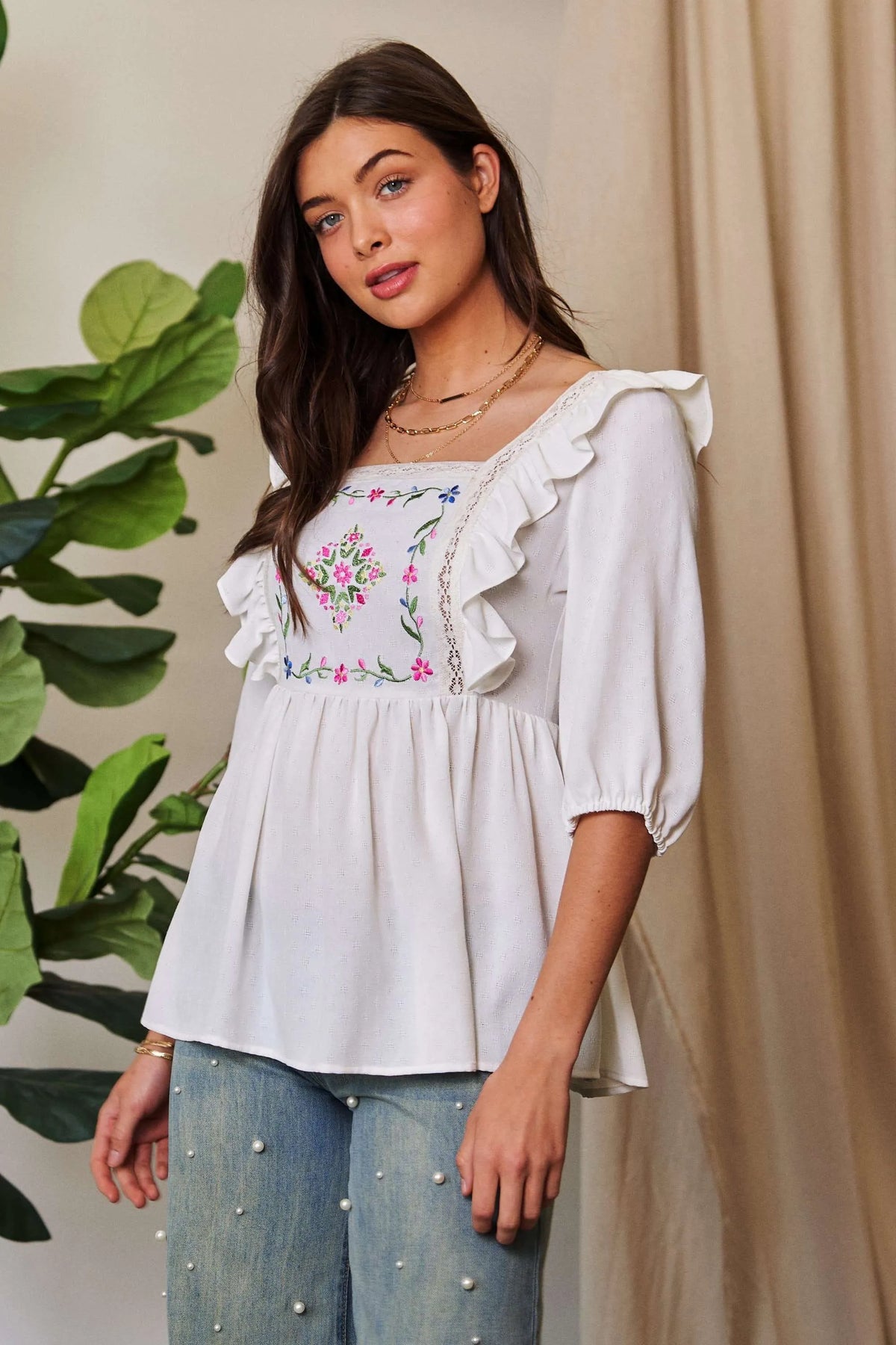 Davi & Dani Texture Tie Back Floral Embroidery Frill Blouse - Lilixa.store