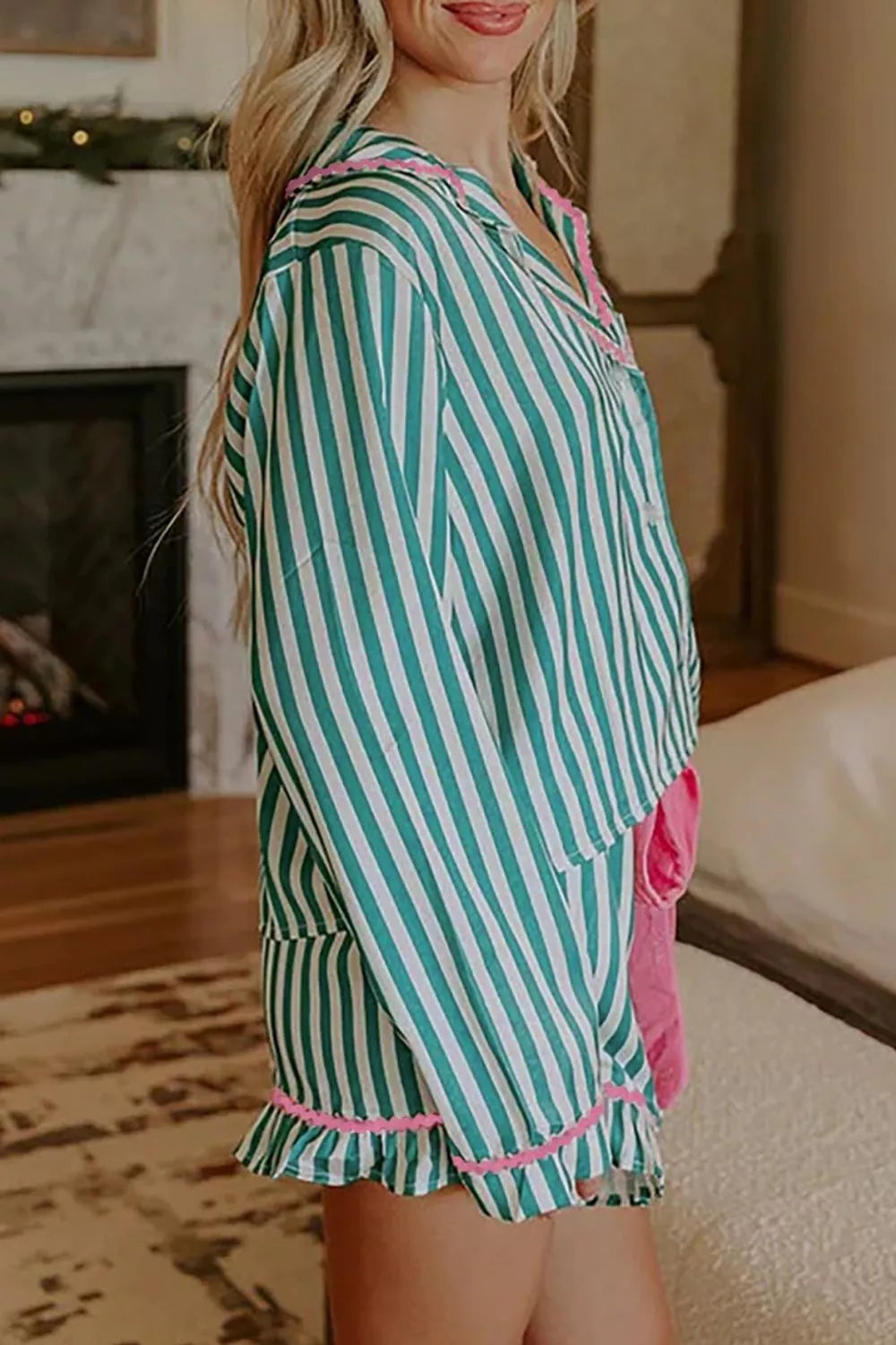 Stripe Contrast Ricrac Trim Long Sleeve Shirt Drawstring Ruffled Pajama Short Set - Lilixa.store