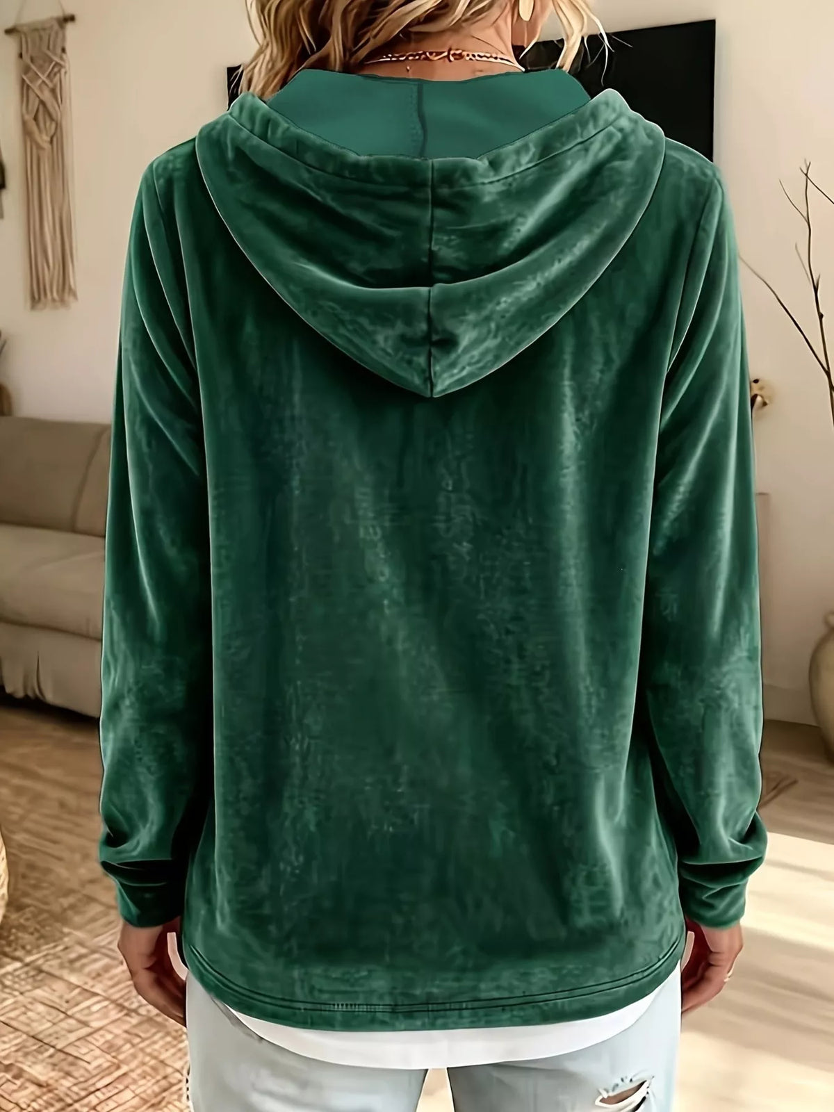 Full Size Drawstring Velvet Long Sleeve Hoodie Plus Size, view 4