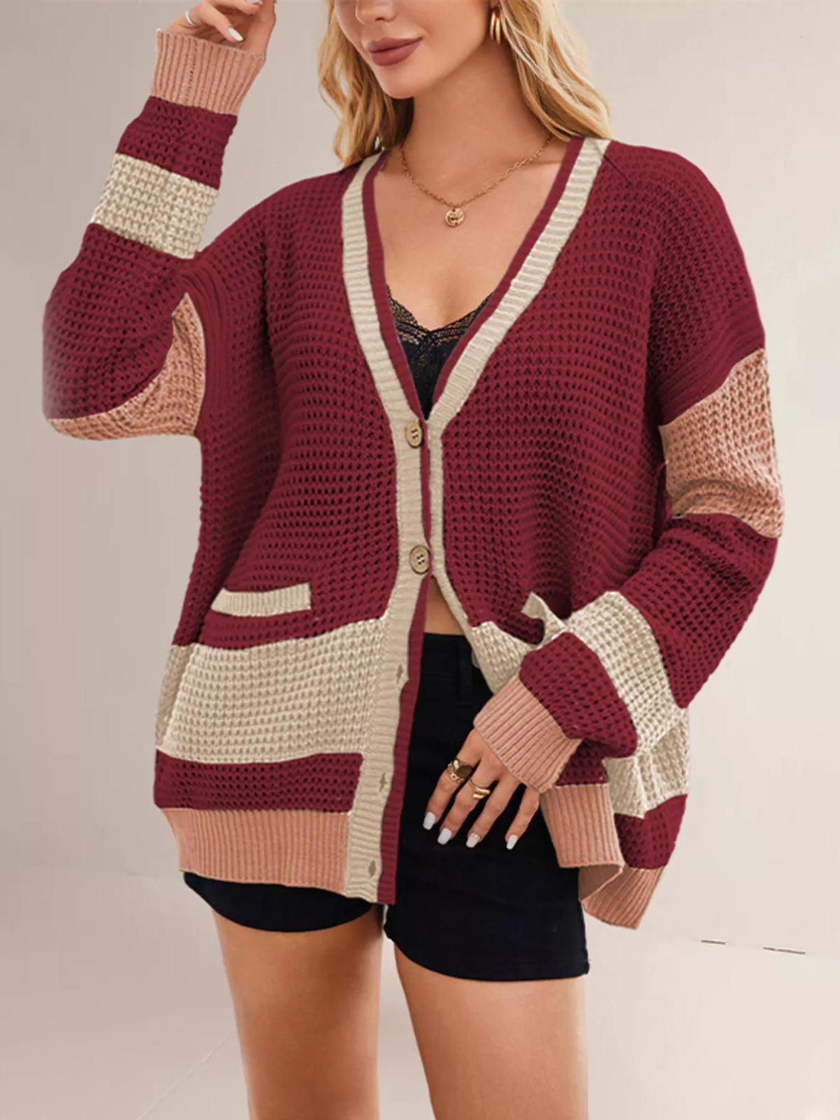 Color Block V-Neck Cardigan - Lilixa.store