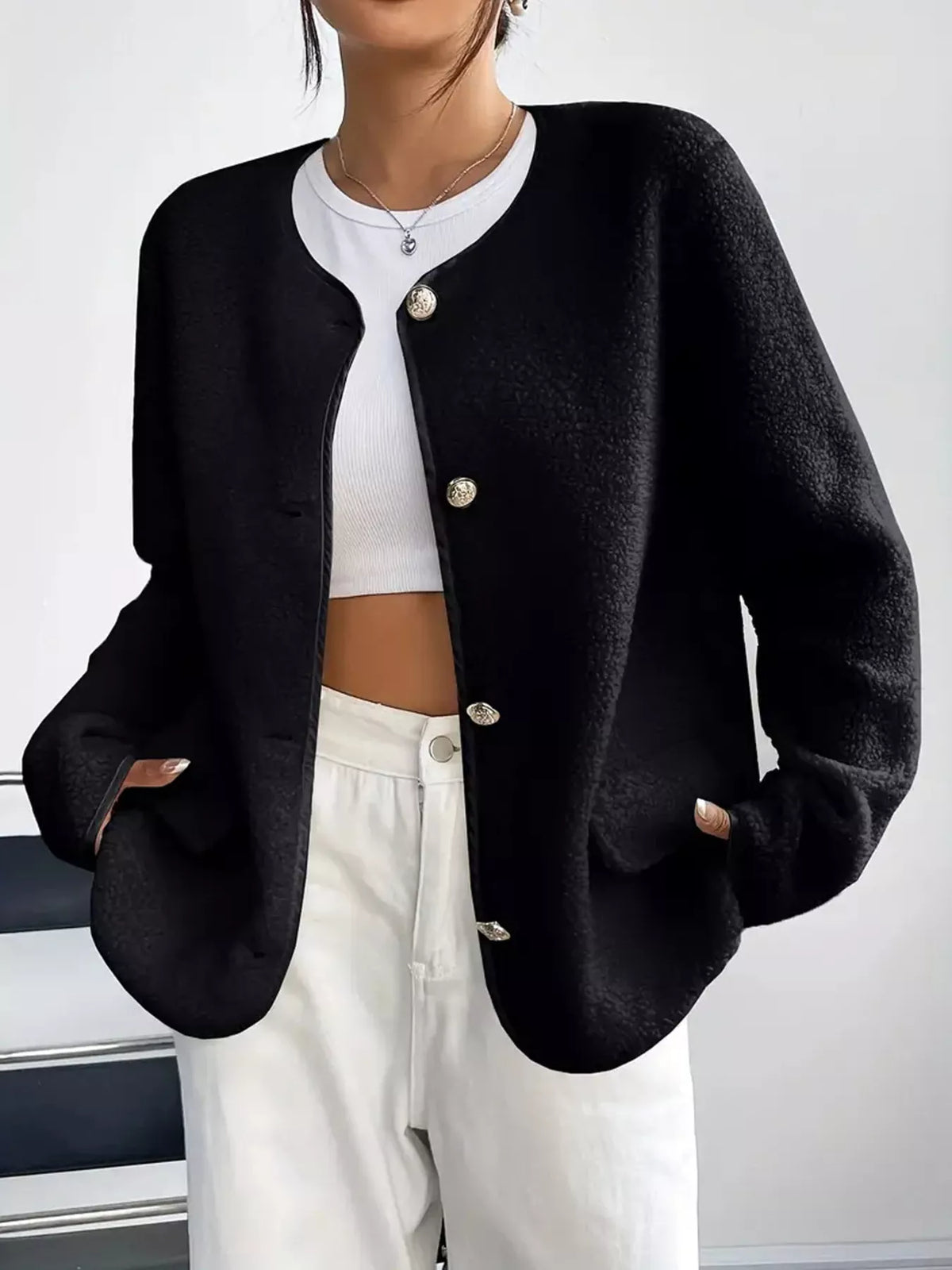 Full Size Textured Button-Up Fleece Outerwear Plus Size - Lilixa.store