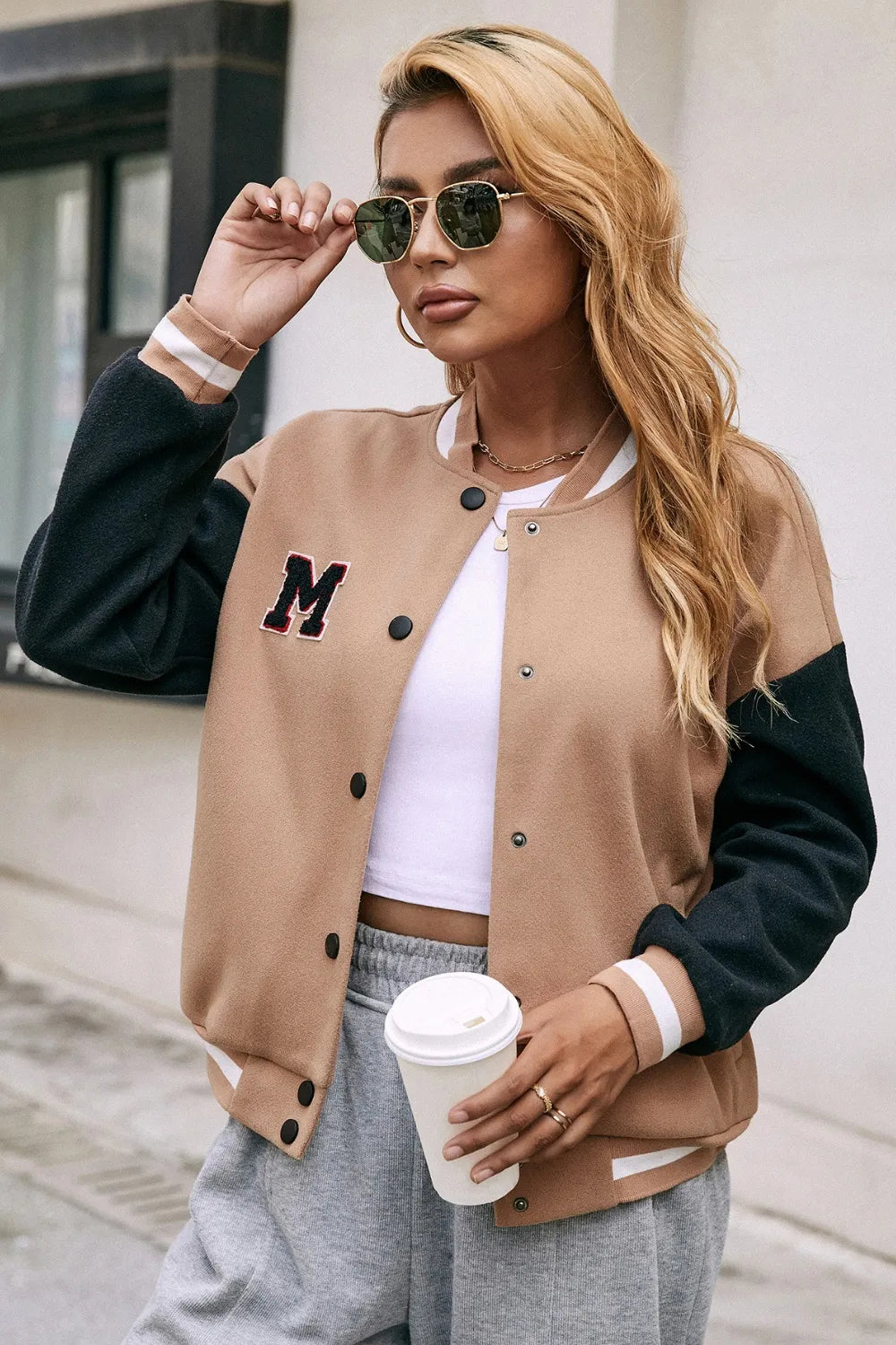 Ivy Lane Contrast Baseball Collar Snap Down Jacket in Camel, view 2