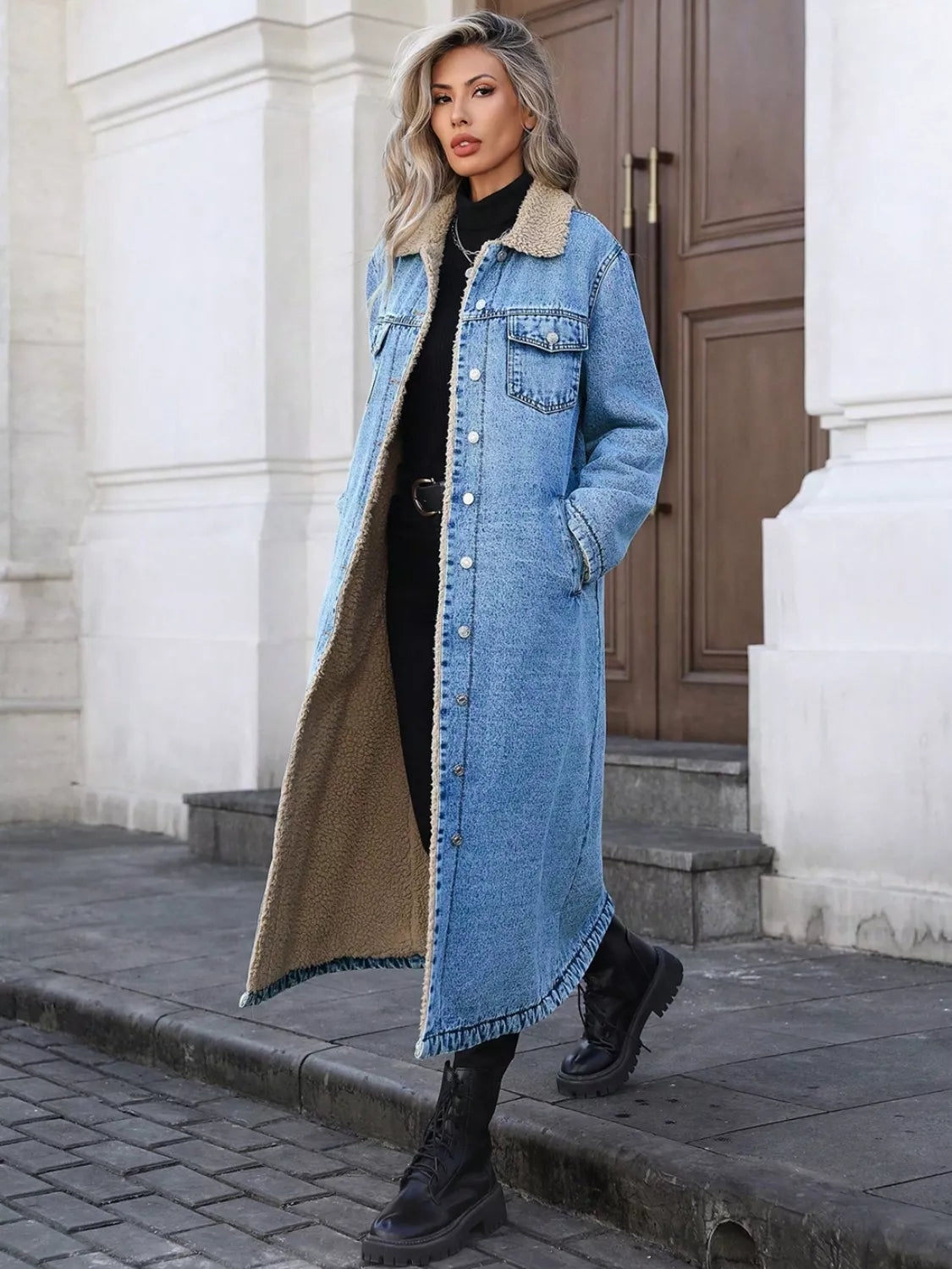 Sherpa Lined Longline Denim Jacket, view 4