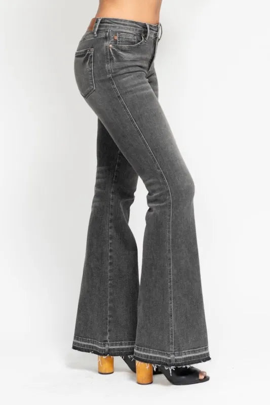 Judy Blue Full Size Mid Rise Tummy Control Washed Gray Release Hem Flare Jeans Plus Size - Lilixa.store