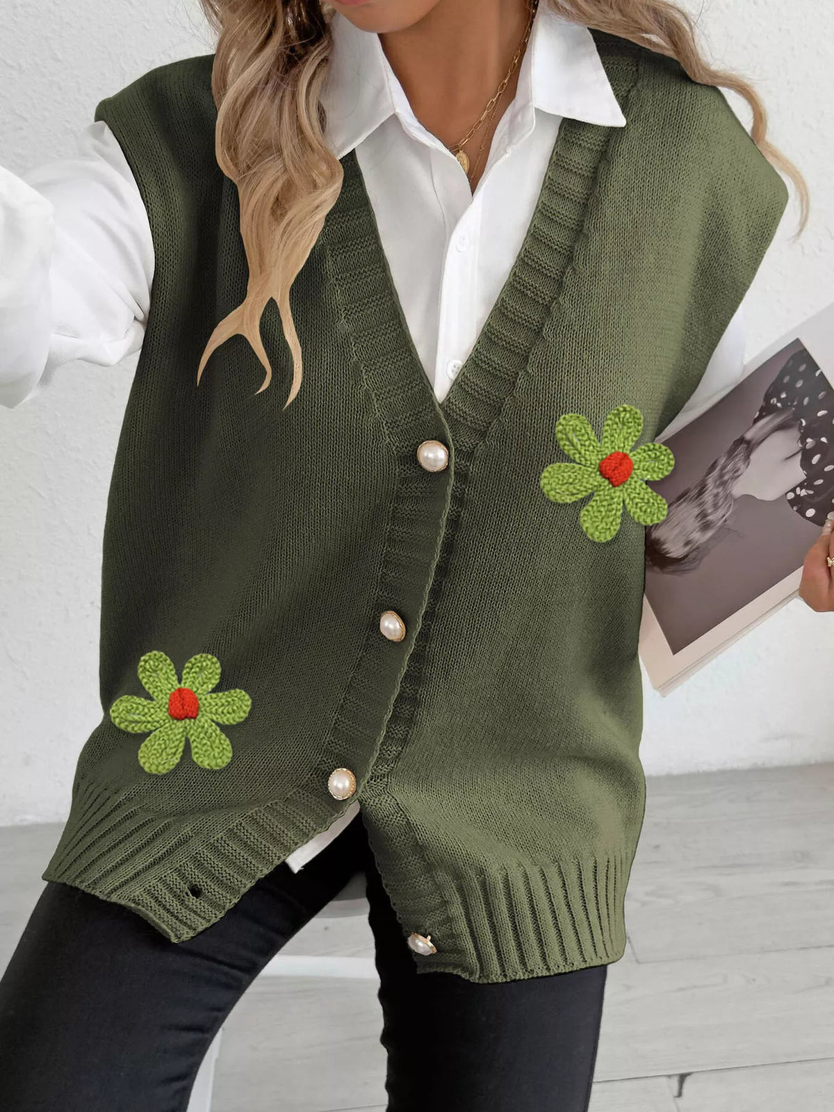 Flower V-Neck Sleeveless Cardigan - Lilixa.store