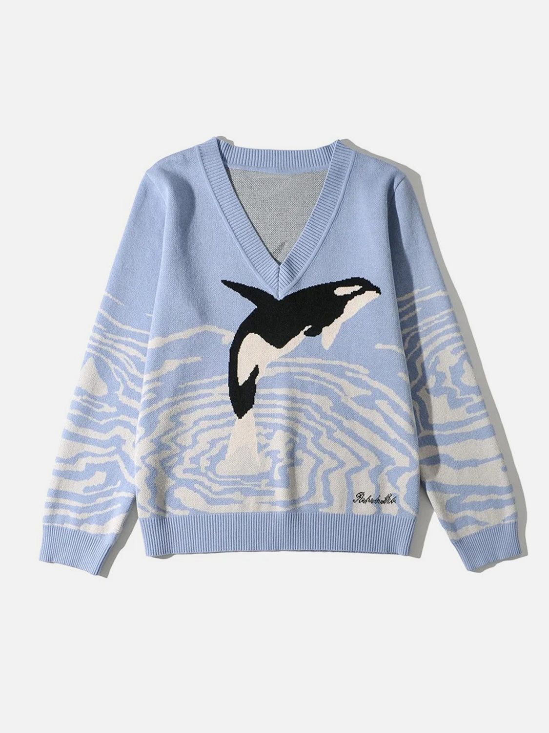 Printed V-Neck Long Sleeve Sweater in Misty Blue