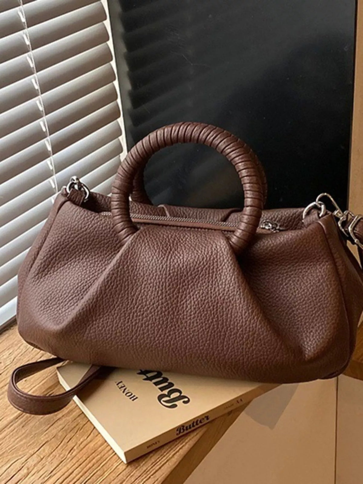 Top Handle Crossbody Bag with Pearl Bow Charm