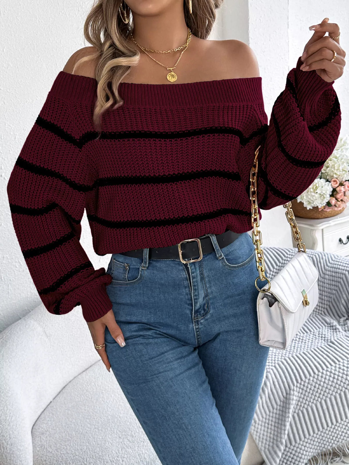 Off-Shoulder Striped Contrast Sweater in Burgundy