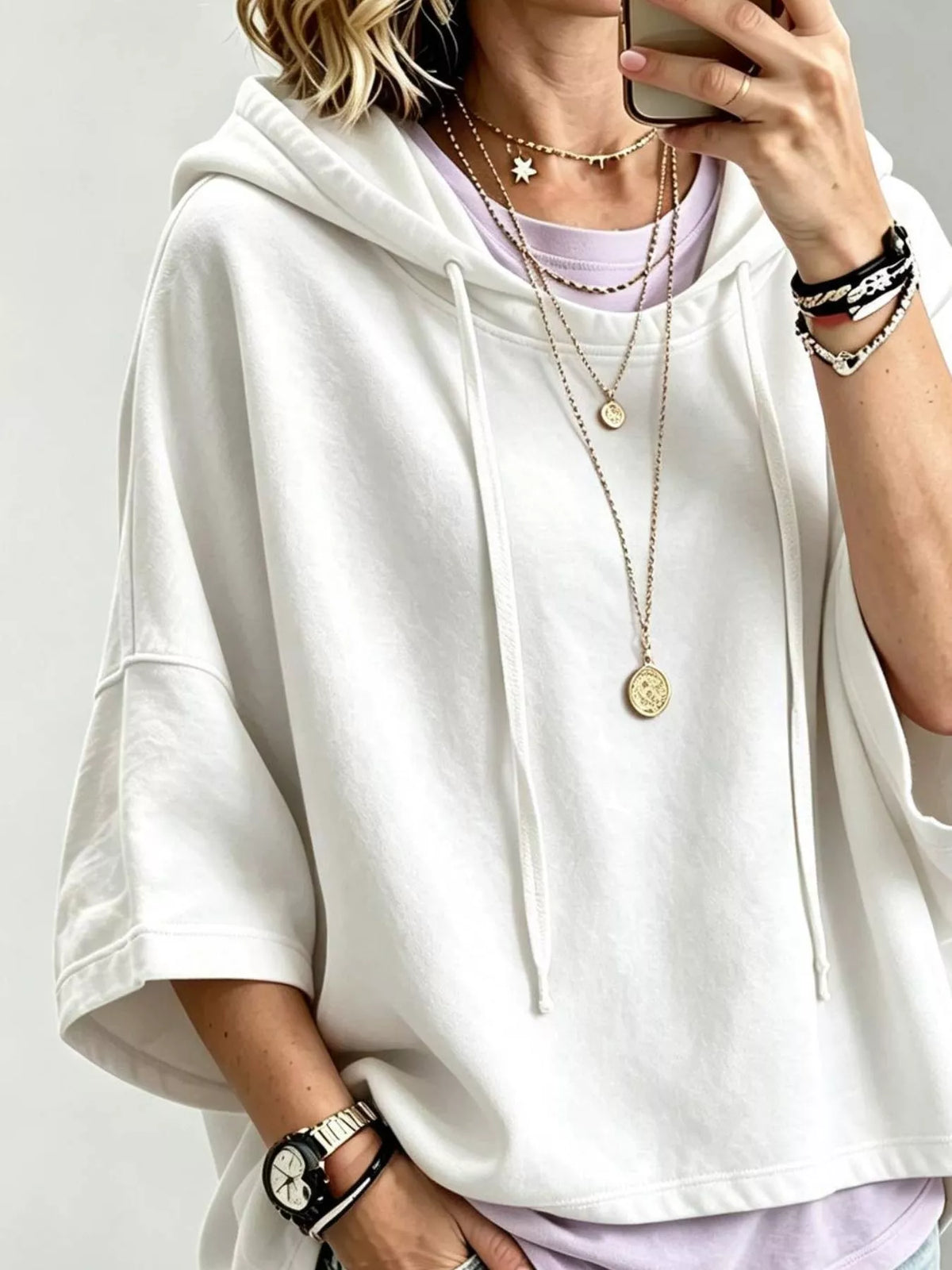 Drawstring 3/4 Sleeve Hoodie - Lilixa.store