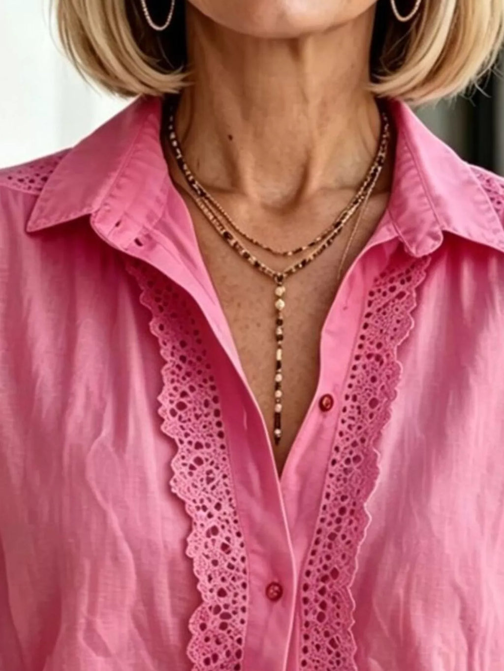 Lace-Trimmed Short Sleeve Button-Down Shirt - Lilixa.store