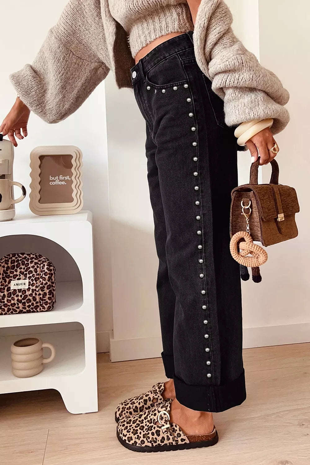 Studded Detail Straight Leg Casual Loose Jeans - Lilixa.store