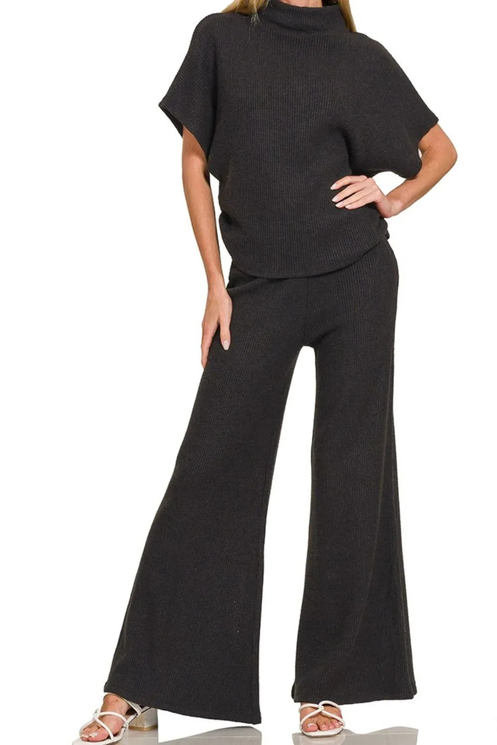 Zenana Wide Leg Flare Sweater Pants in Black, view 3