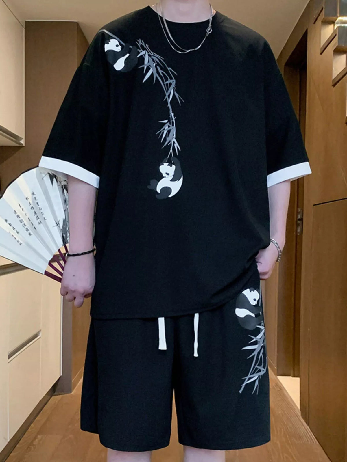 Men's Full Size Panda Bamboo Print Tee and Shorts Set Plus Size - Lilixa.store