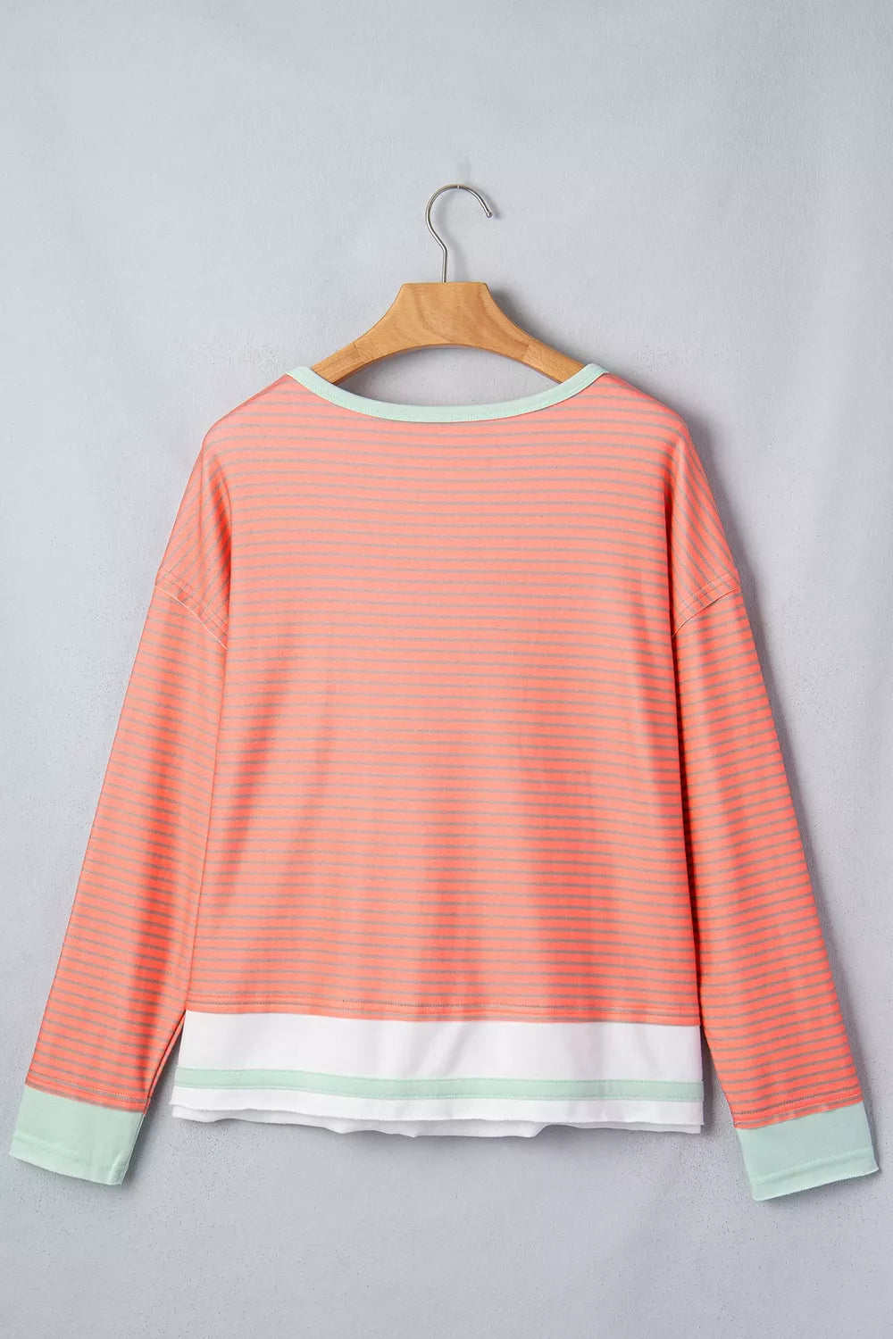 Stripe Colorblock Detail Raw Seam Long Sleeve Tunic Top in Burnt Coral, view 6