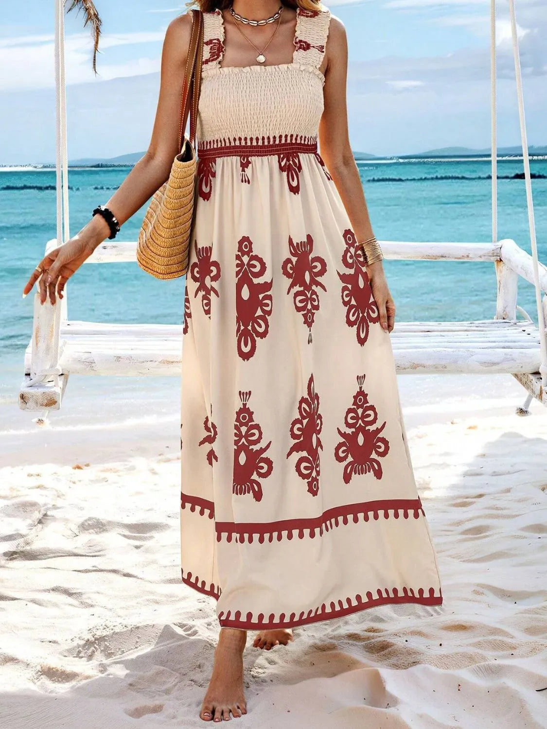 Smocked Printed Wide Strap Maxi Dress, view 22