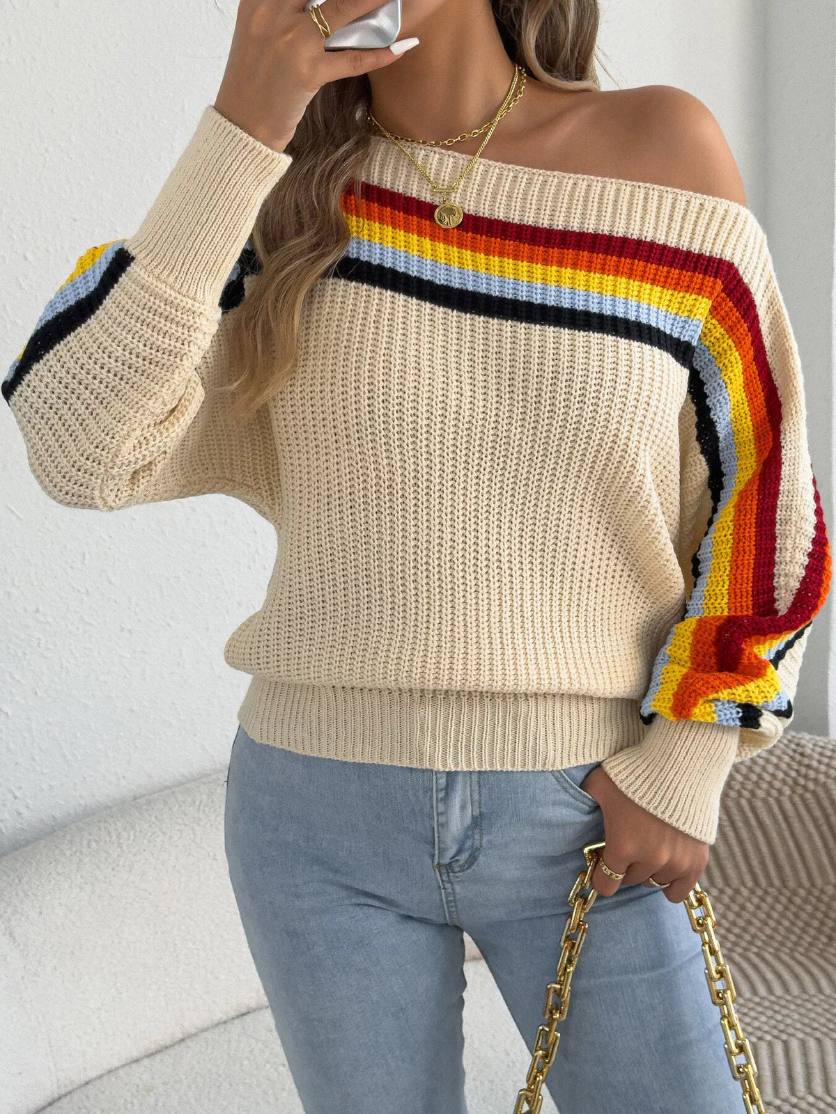 Striped Knit Boat Neck Sweater