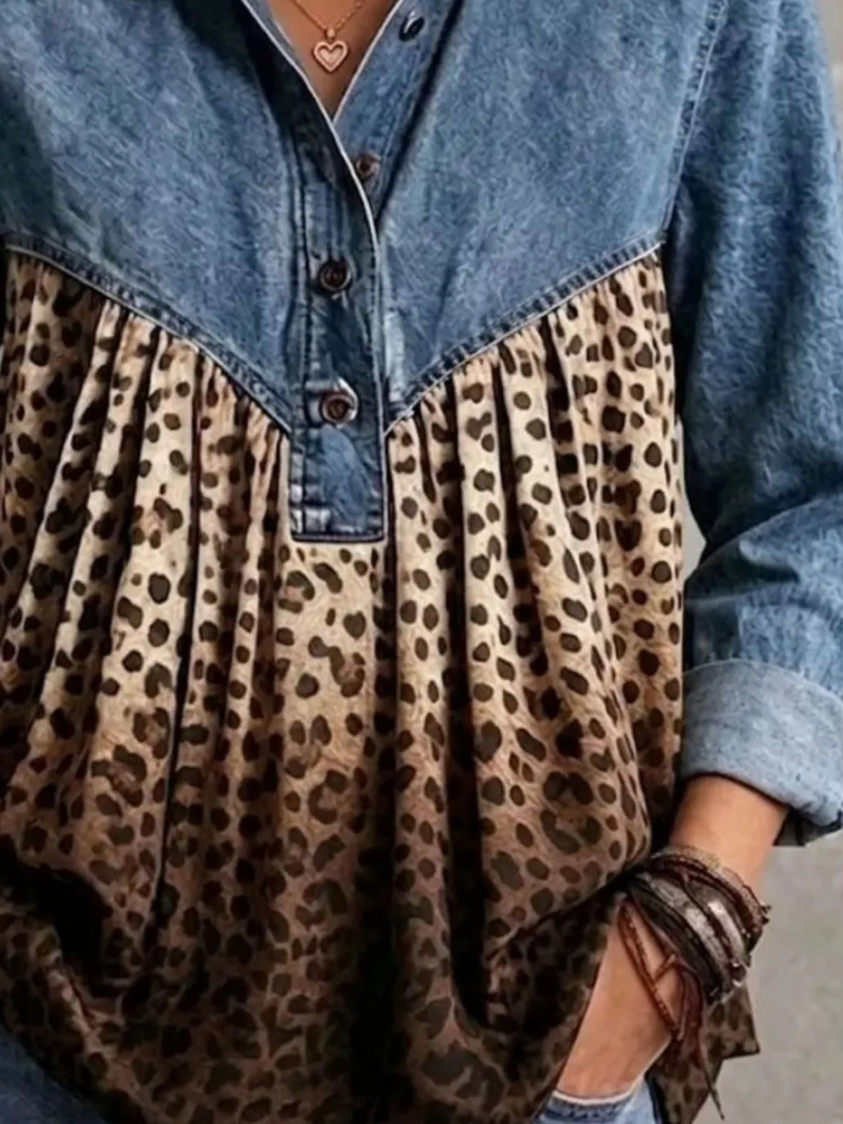 Full Size Leopard Button Detail Blouse Plus Size - Lilixa.store