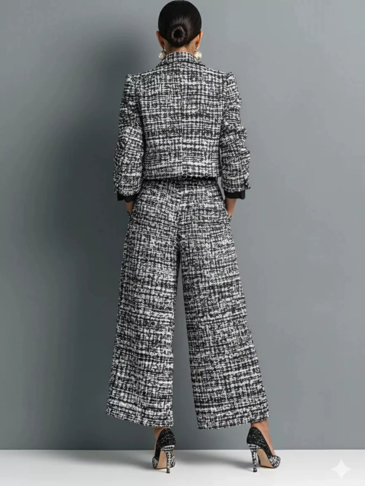 Tweed Cropped Jacket and Wide-Leg Pants Set