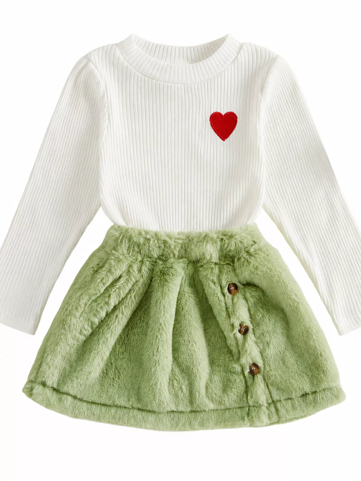 Children's Heart-Embroidered Ribbed Top and Fuzzy Skirt Set - Lilixa.store