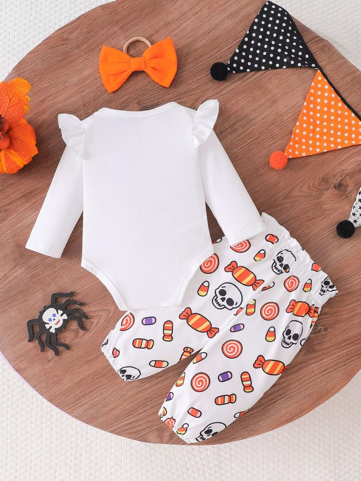 Children's Halloween Skull Print Long Sleeve Bodysuit and Pants Set with Bow Headband - Lilixa.store
