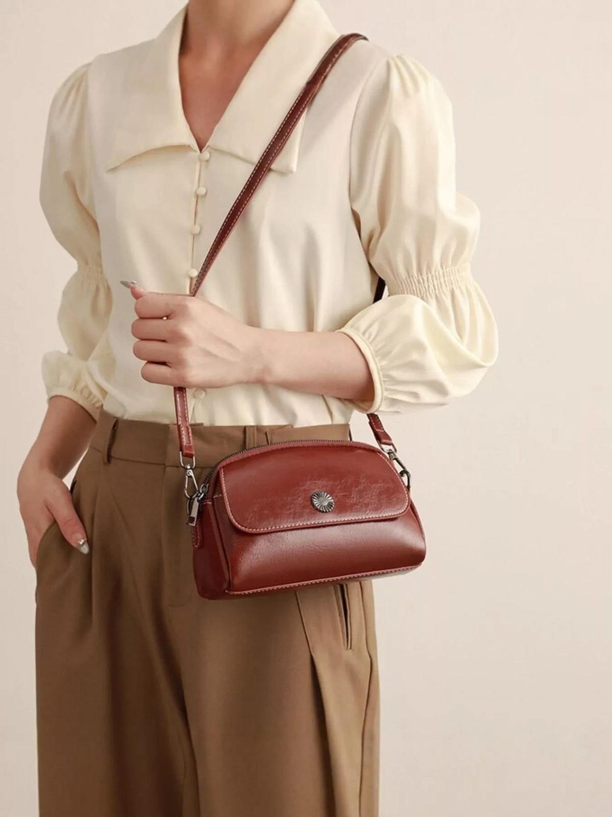 PU Leather Crossbody Bag with Metal Emblem Detail in Brown, view 6