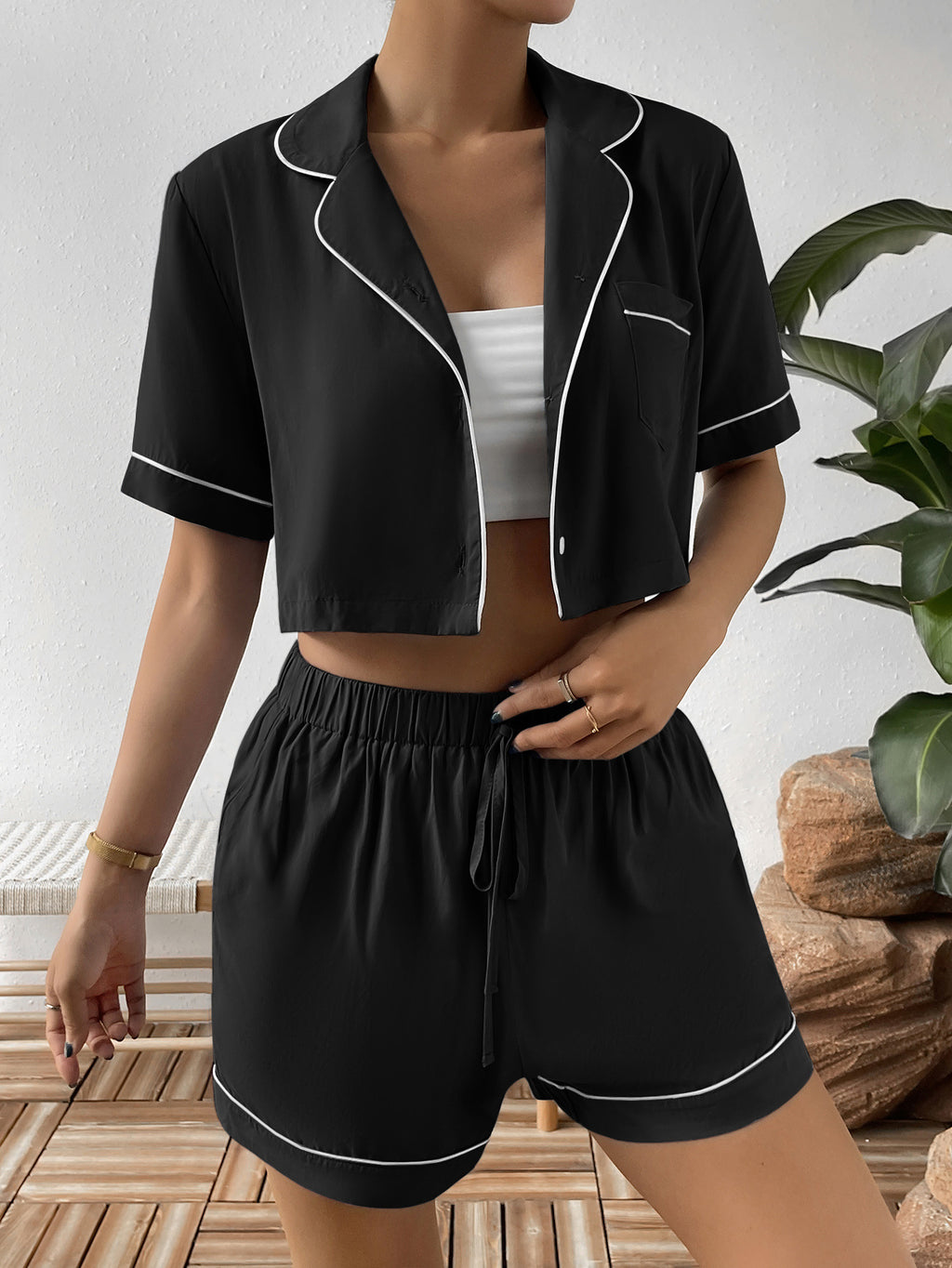 Ivy Lane Contrast Lapel Collar Cropped Shirt and Shorts Lounge Set - Lilixa.store