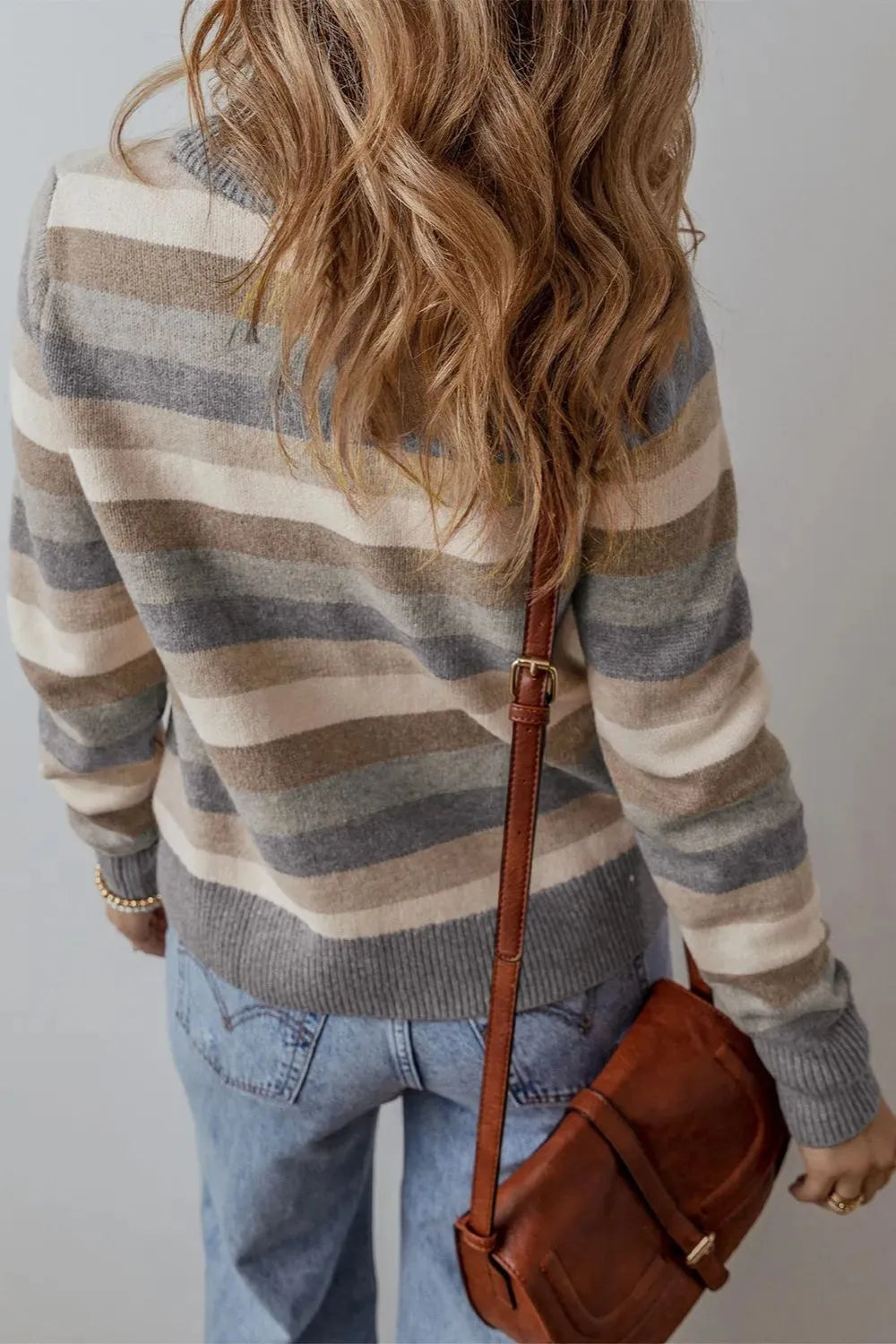 Striped Round Neck Long Sleeve Sweater in Dark Gray, view 3