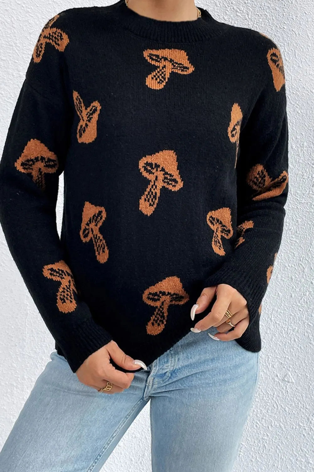 Graphic Mock Neck Dropped Shoulder Sweater - Lilixa.store
