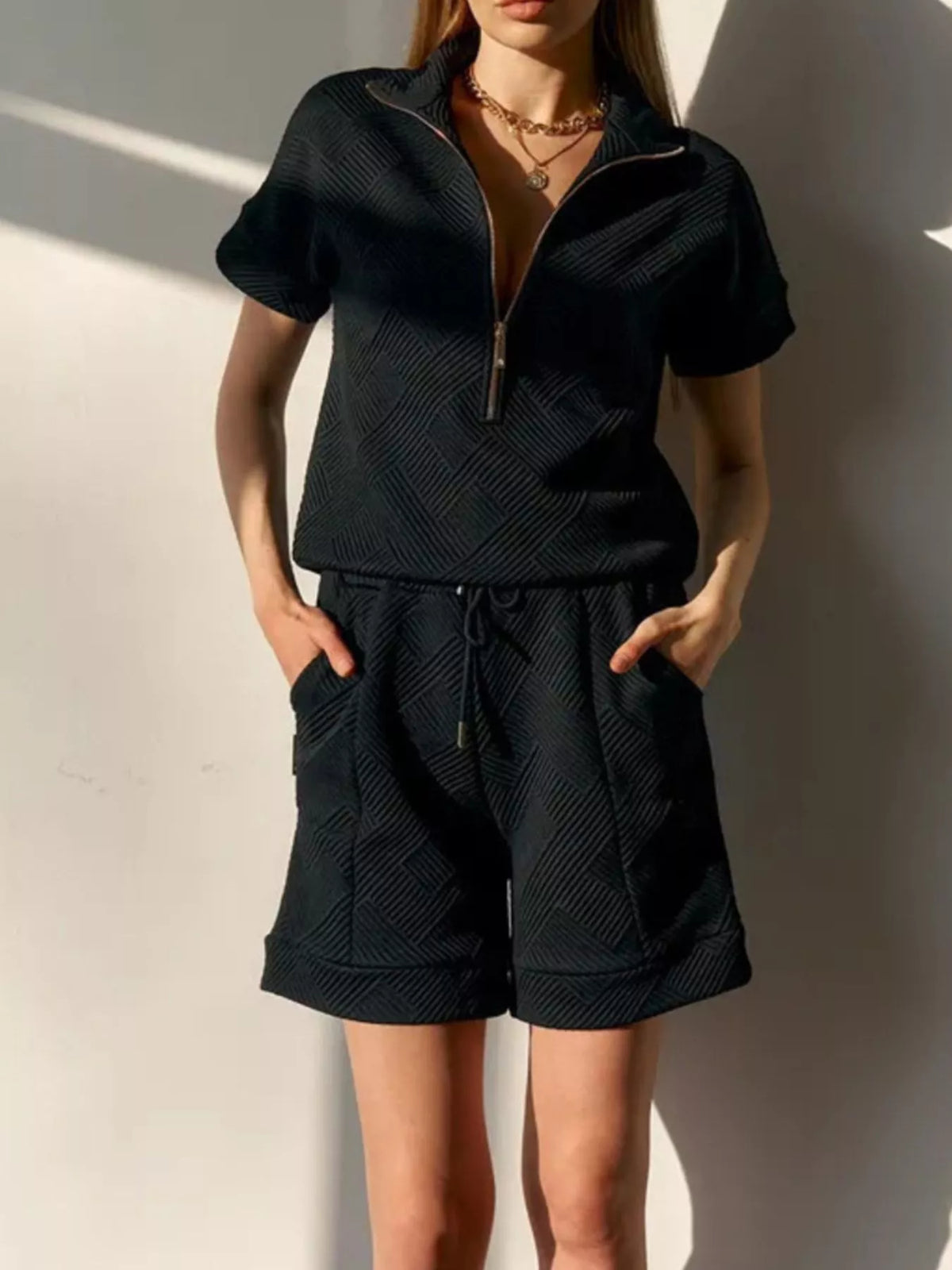 Half Zip Short Sleeve Top and Shorts Set - Lilixa.store