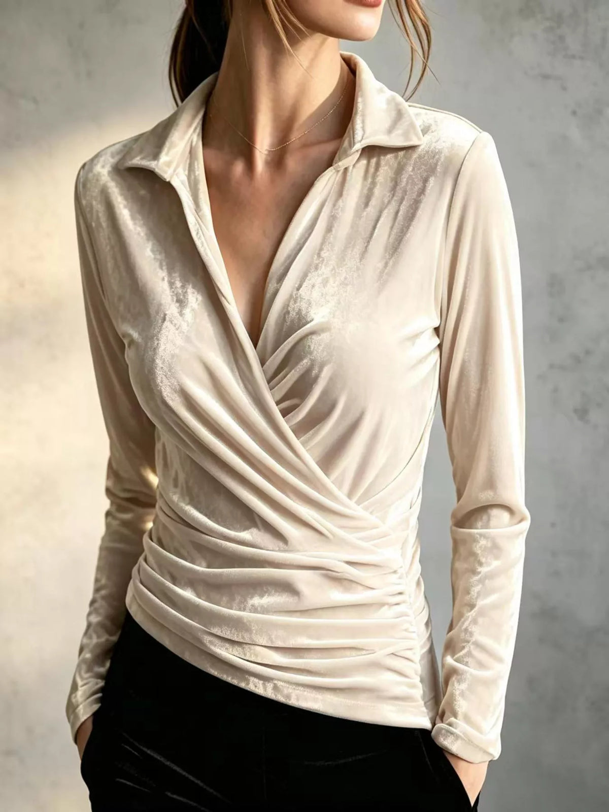 Full Size Velvet Wrap Blouse with Ruched Detail Plus Size in Beige