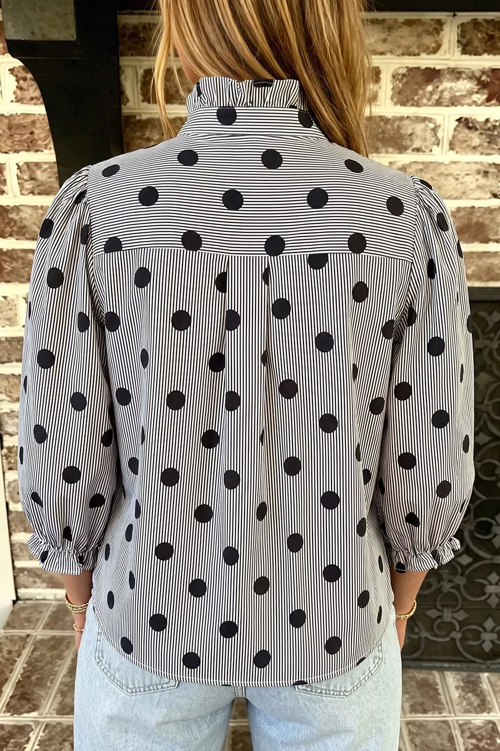 Polka Dot Ruffled Stand-Collar Shirt, view 3