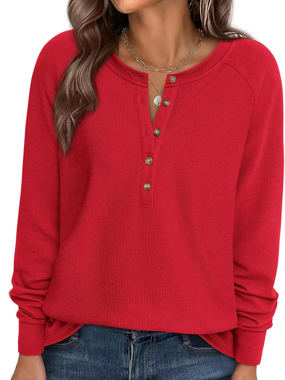 Waffle Knit Henley Long Sleeve T-Shirt