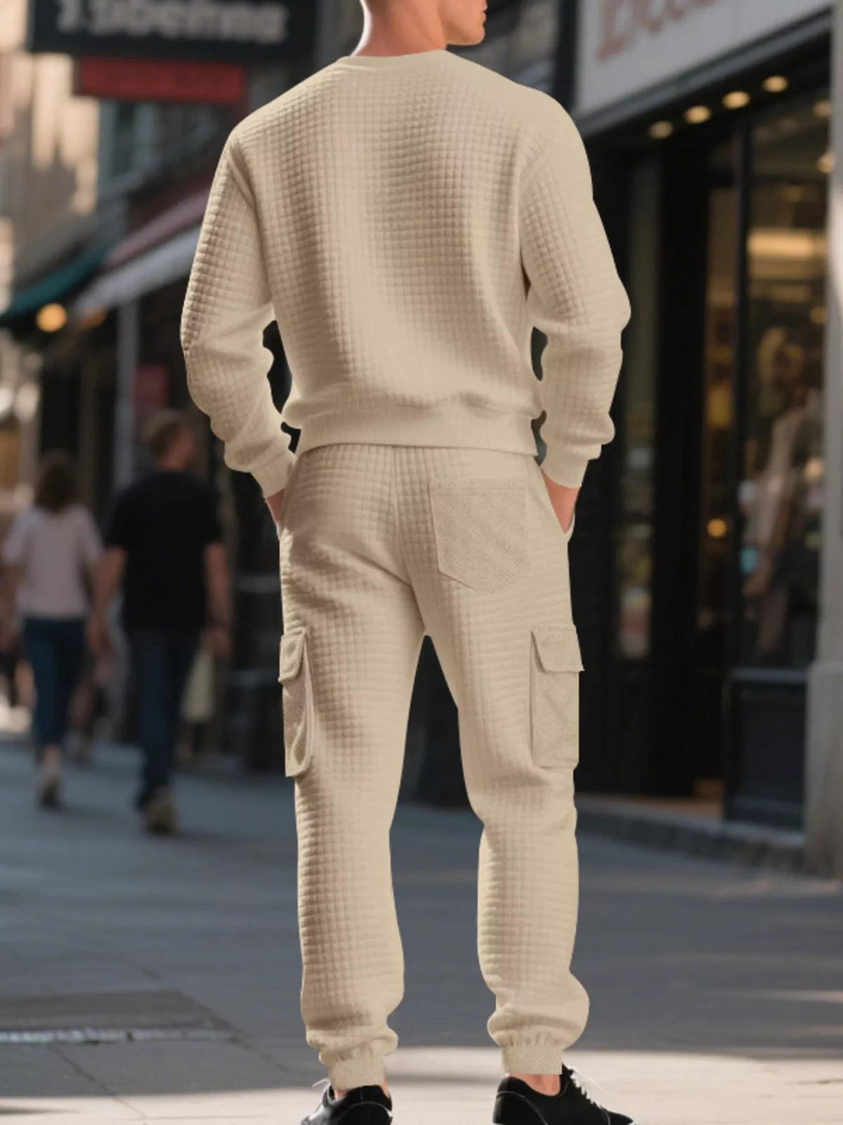 Men's Plus Size Waffle Knit Textured Crewneck Sweatshirt and Jogger Set - Lilixa.store