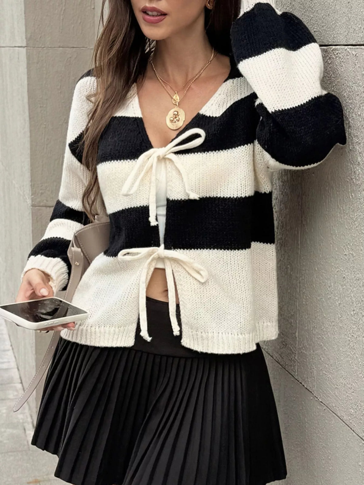 Striped Tie-Front Knit Cardigan - Lilixa.store