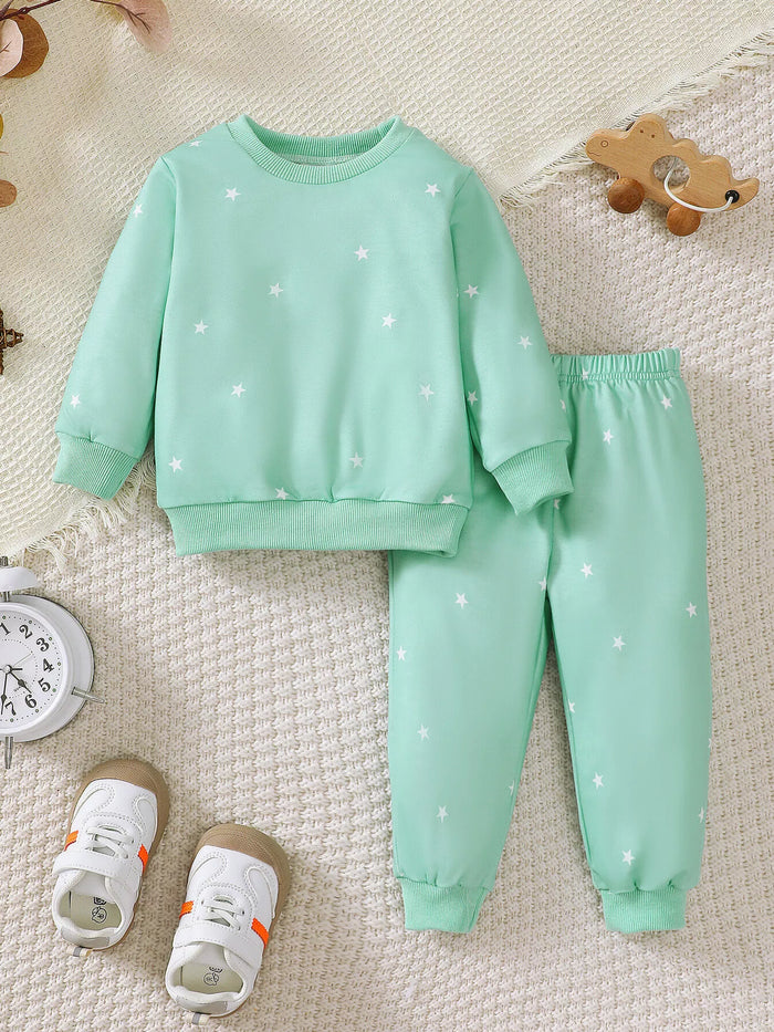 Children's Star Print Long Sleeve Sweatshirt and Jogger Set in Green
