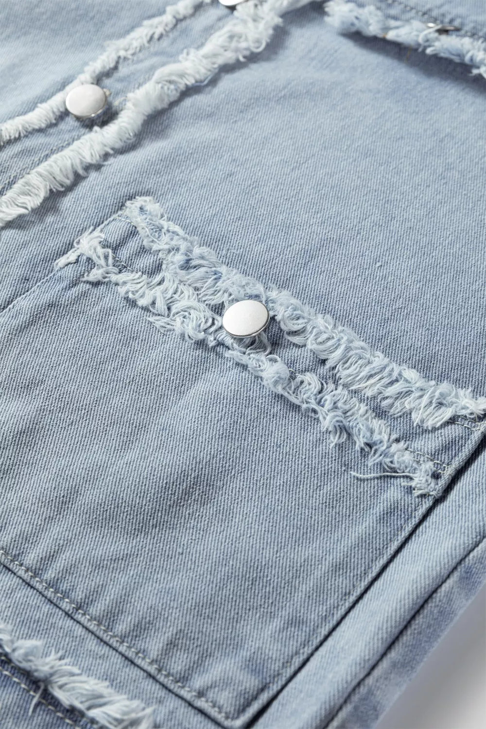Frayed Edge Flap Pockets Denim Vest Jacket in Light Blue, view 11