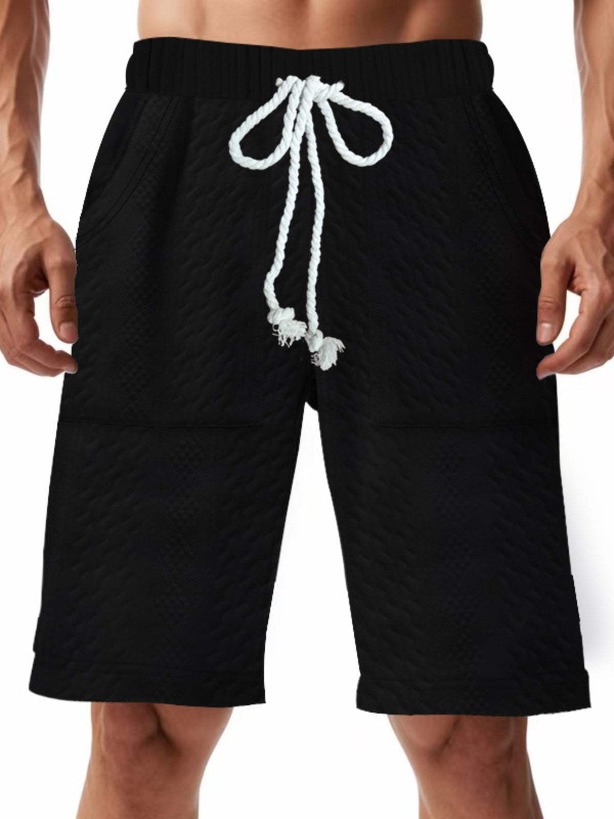 Men's Full Size Texture Drawstring Shorts Plus Size in Black