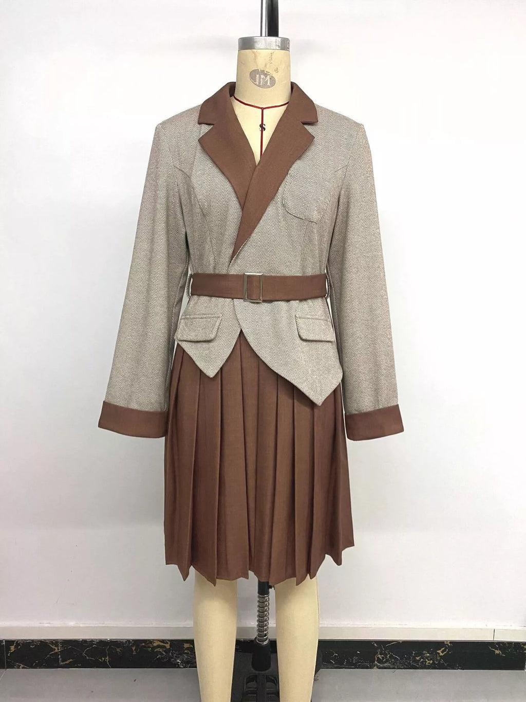 Pleated Patchwork Blazer Belt Dress - Lilixa.store