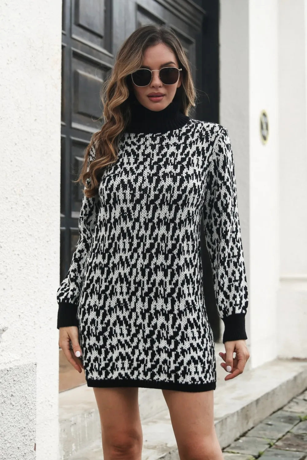 Heathered Turtleneck Mini Sweater Dress in Black, view 3