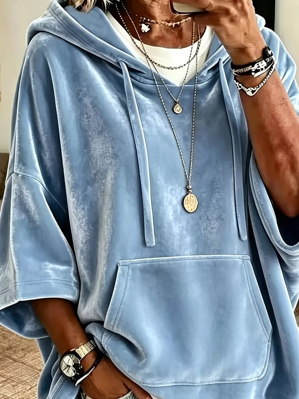 Full Size Velvet 3/4 Sleeve Hoodie with Kangaroo Pocket Plus Size - Lilixa.store