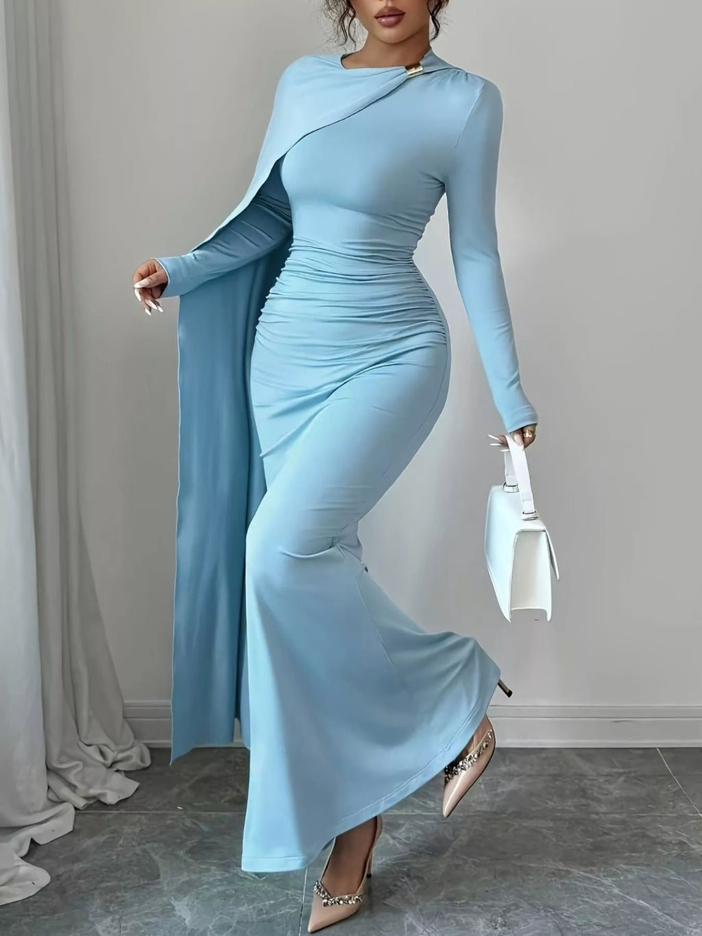 Ruched Long Sleeve Maxi Dress - Lilixa.store
