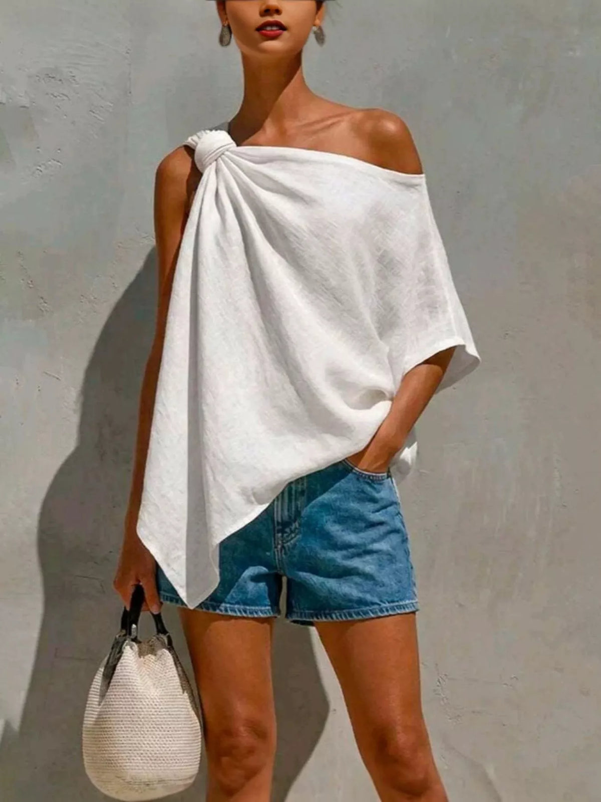 Full Size One-Shoulder Knot Detail Blouse Plus Size