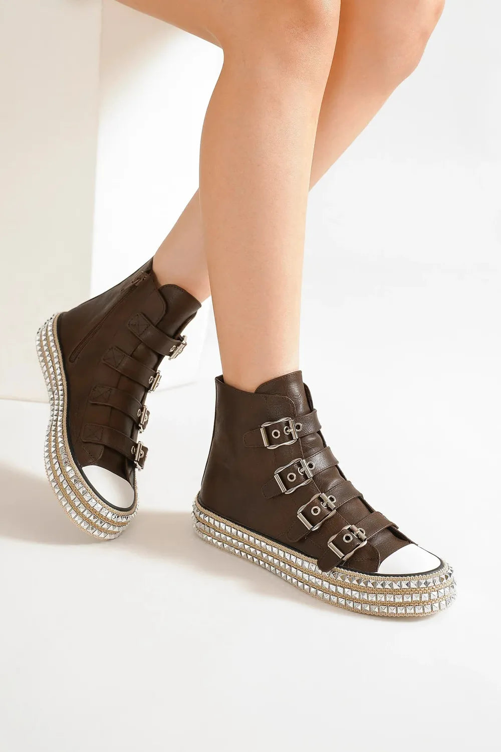 Beast Fashion Multi-Buckle Straps Studded Platform Sneakers - Lilixa.store