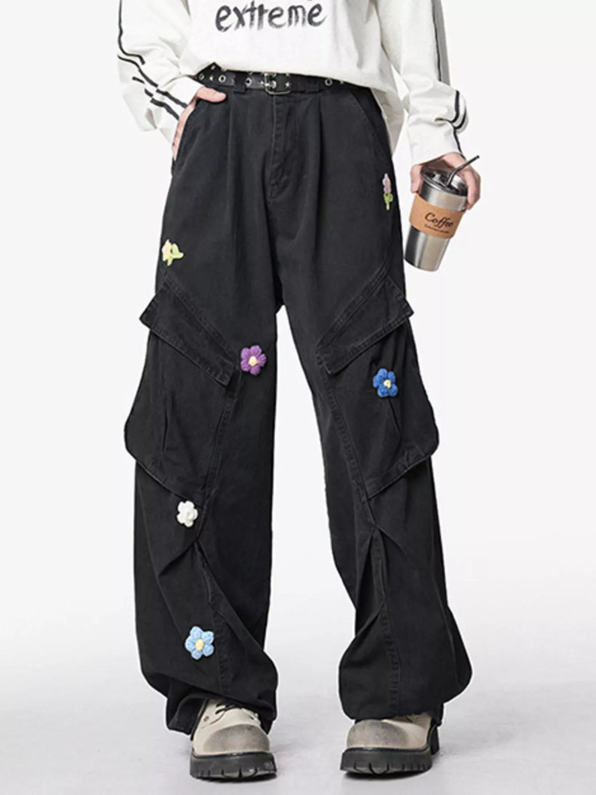 Men's Flower Wide Leg Pants in Black
